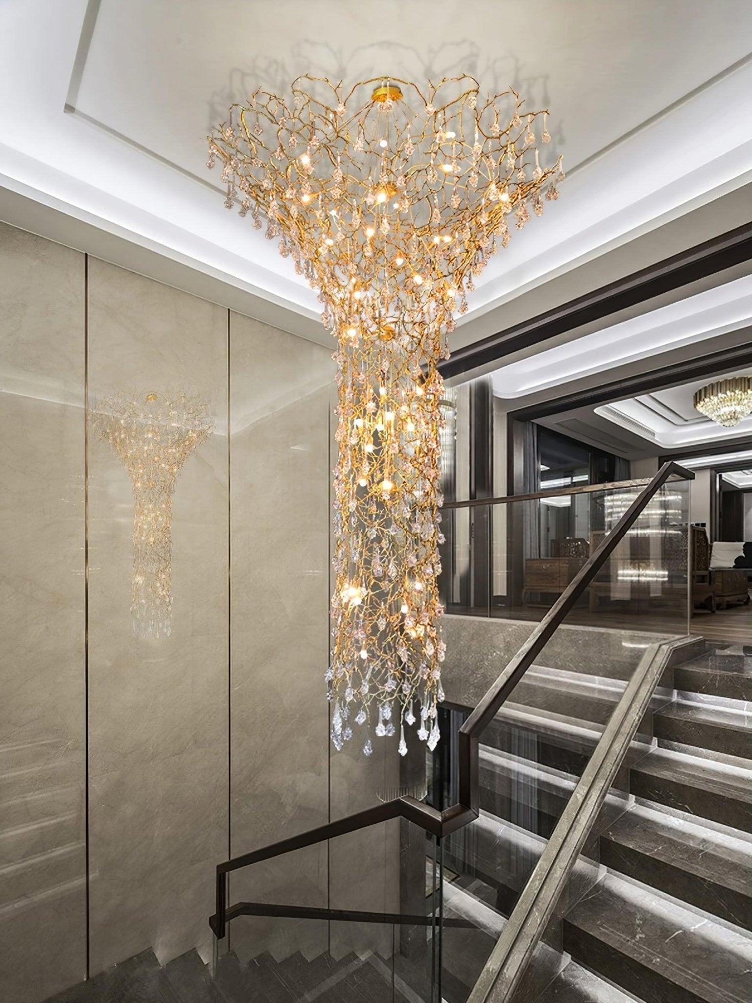 Abeleisa Tree Branch Staircase Brass Crystal Chandelier - Letslighting