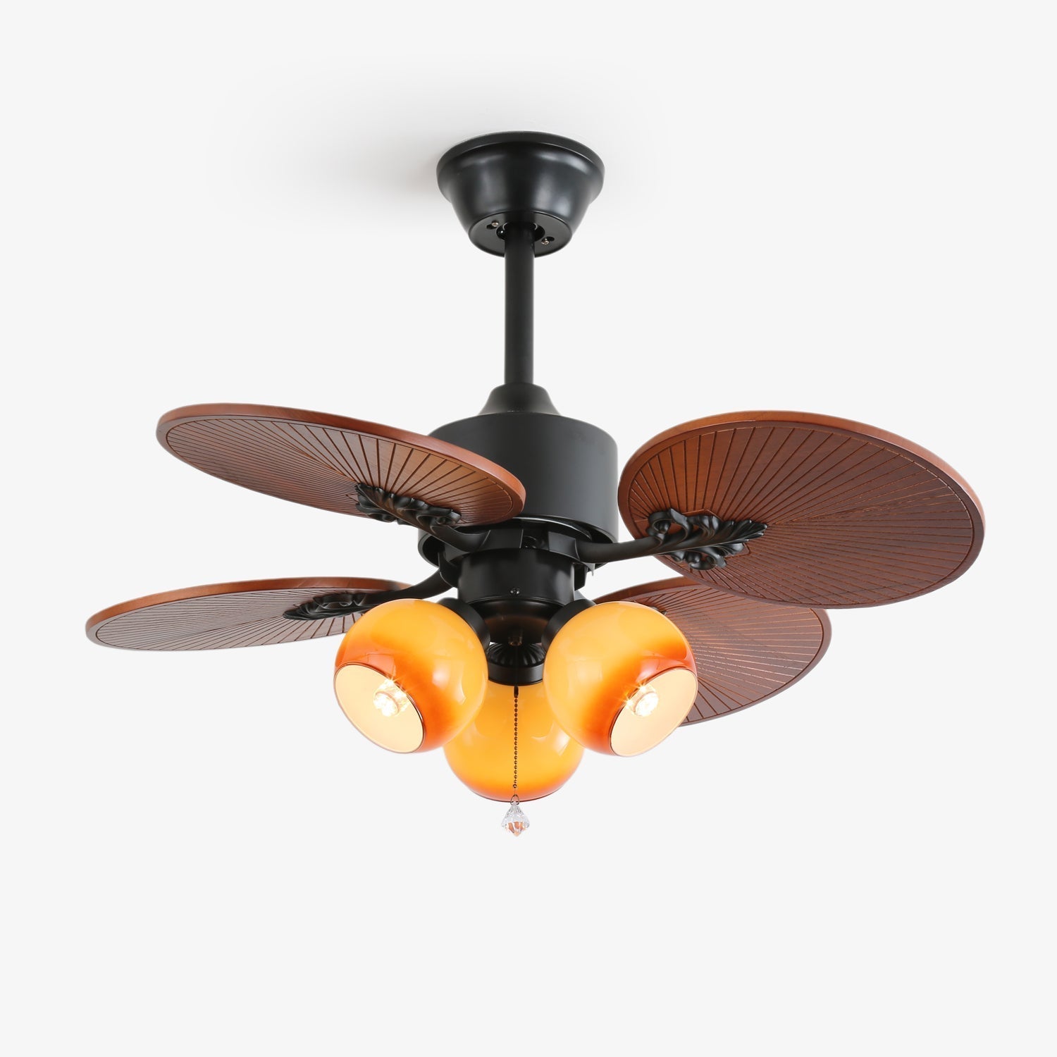 Ventilador de Techo con Luz Solara Tropical con aspas de veta de madera de nogal, vista general.