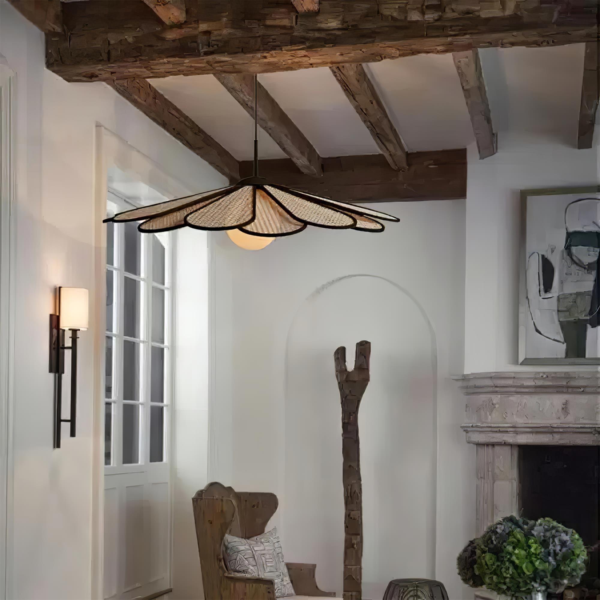 Pendant Lamp Rattan Petal Shade Metal Frame Tropical - Letslighting