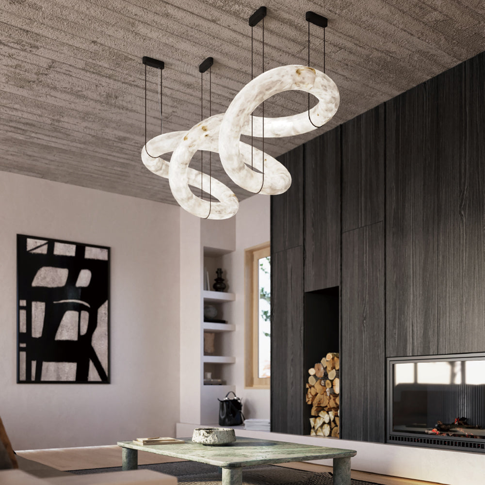 Syrinan Modern Minimalist Luxe Ring Leather Alabaster Chandelier - Lamp Copper