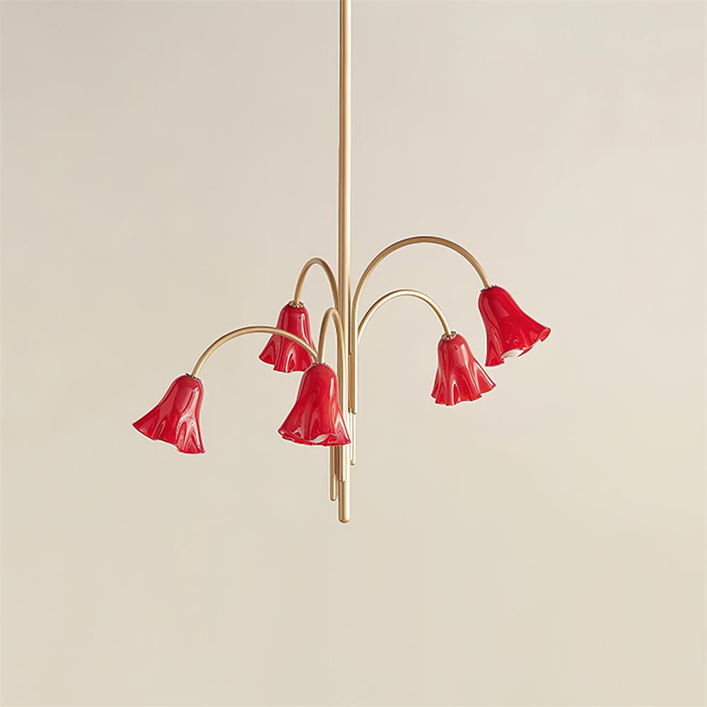 Chandelier Flower-Shaped Glass Shades on Gold Metal Arms for Dining - Letslighting