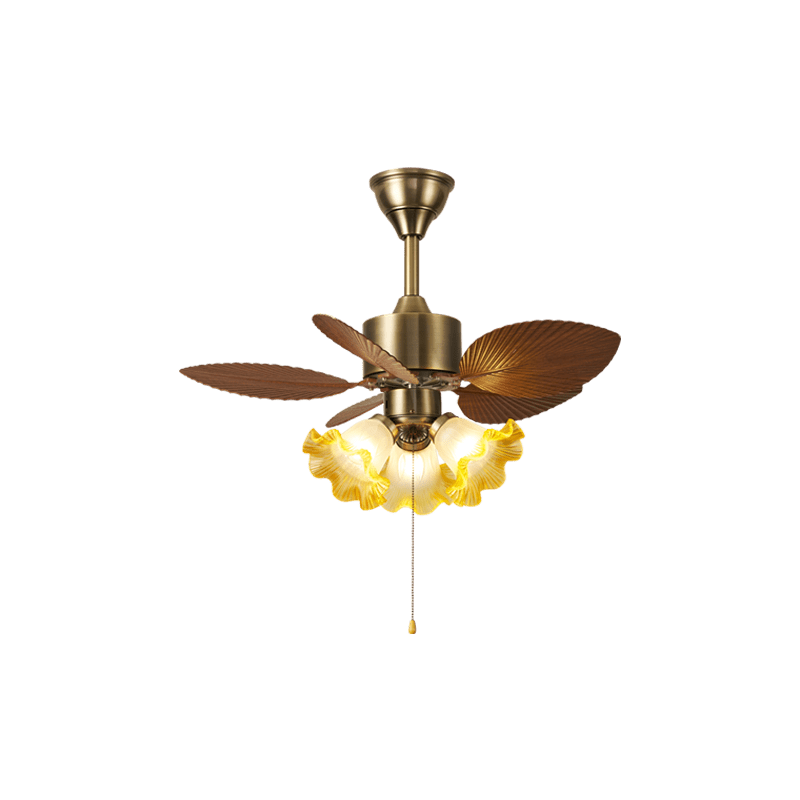 Lámpara de Techo con Ventilador Gulliver Vintage de Aspas de Hoja con la luz encendida, mostrando el ambiente