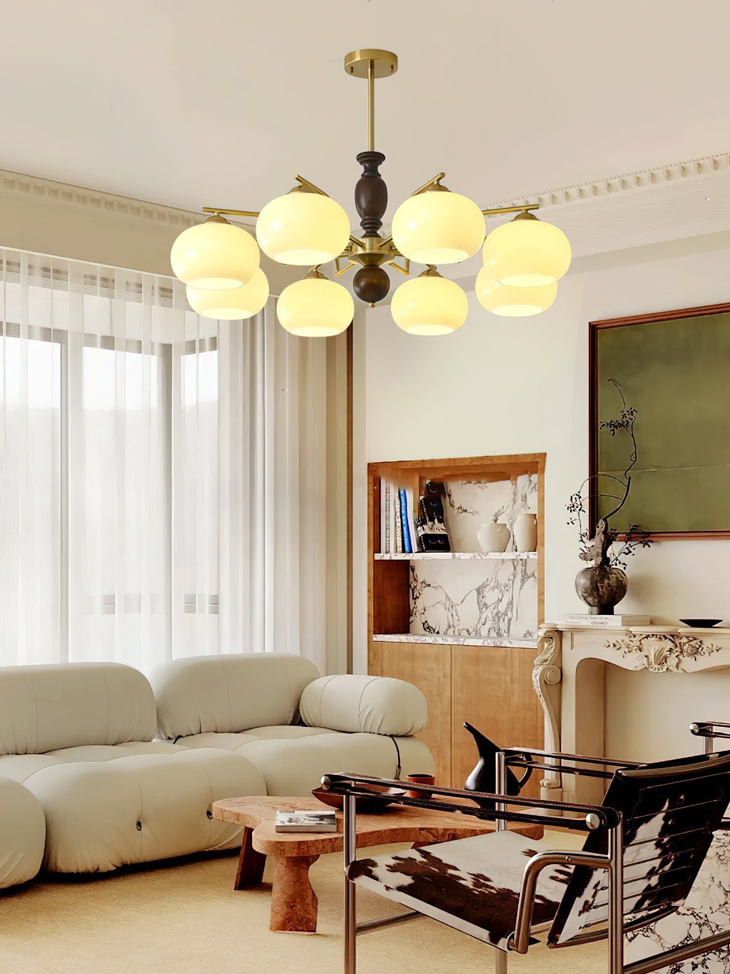 Aurora Chandelier Walnut Beige Orb - Letslighting