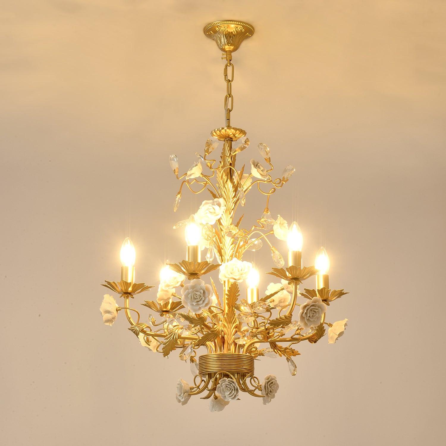 Chandelier Ornate Metal Frame Porcelain Roses Crystal Classic Luxury - Letslighting