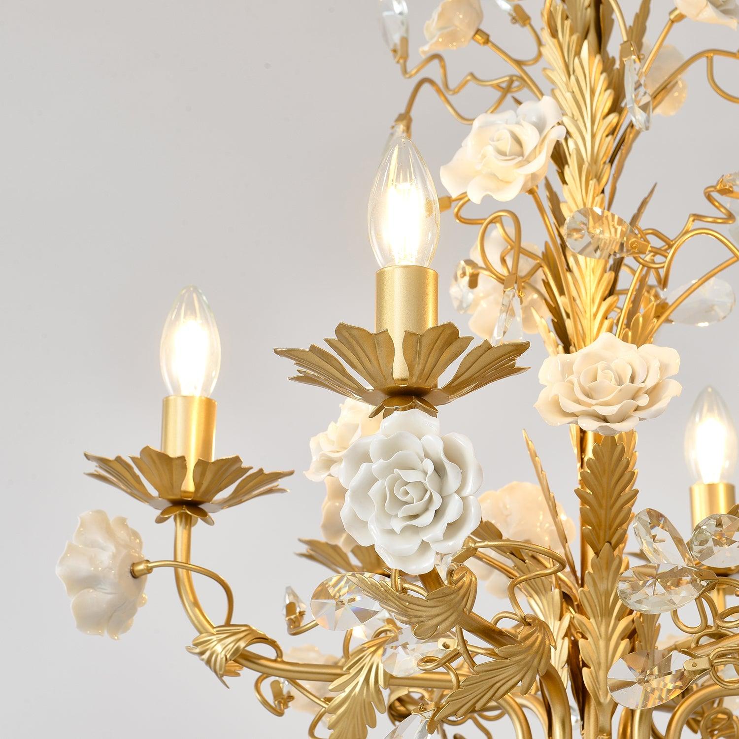 Chandelier Ornate Metal Frame Porcelain Roses Crystal Classic Luxury - Letslighting