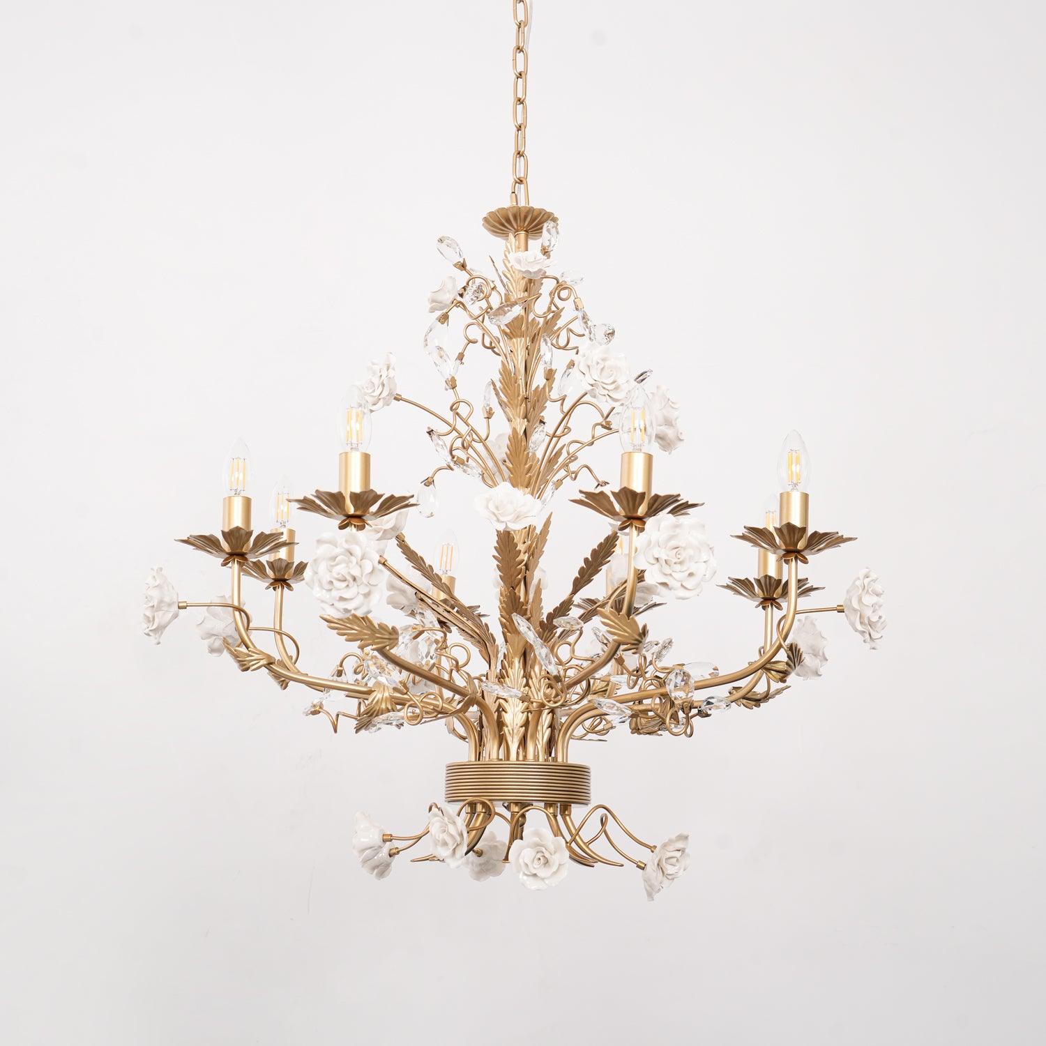 Chandelier Ornate Metal Frame Porcelain Roses Crystal Classic Luxury - Letslighting