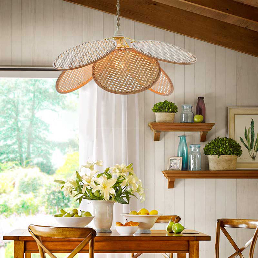 Ritta Decorativa Metal/Ratán Flor LED Lámpara Colgante Madera