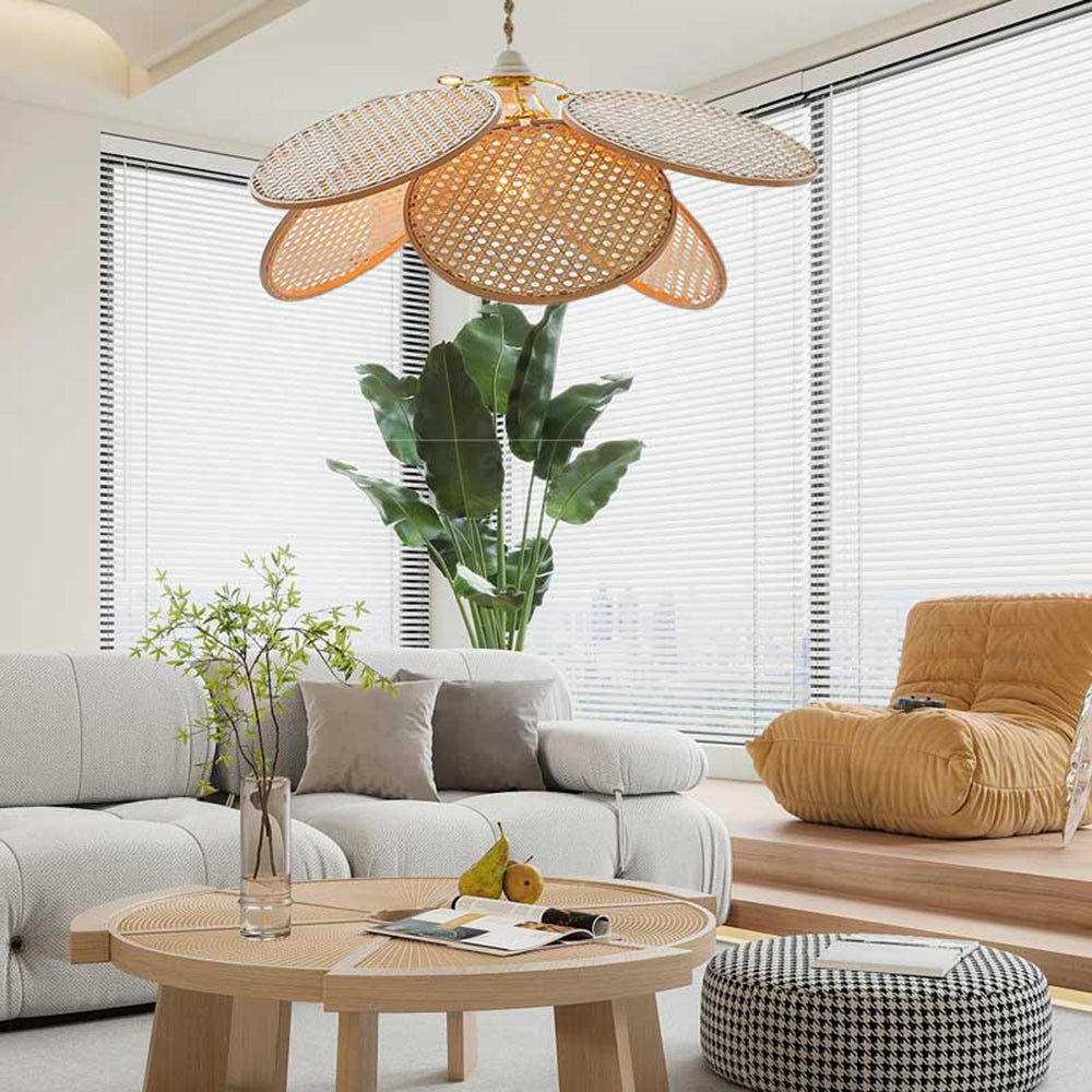 Ritta Decorativa Metal/Ratán Flor LED Lámpara Colgante Madera