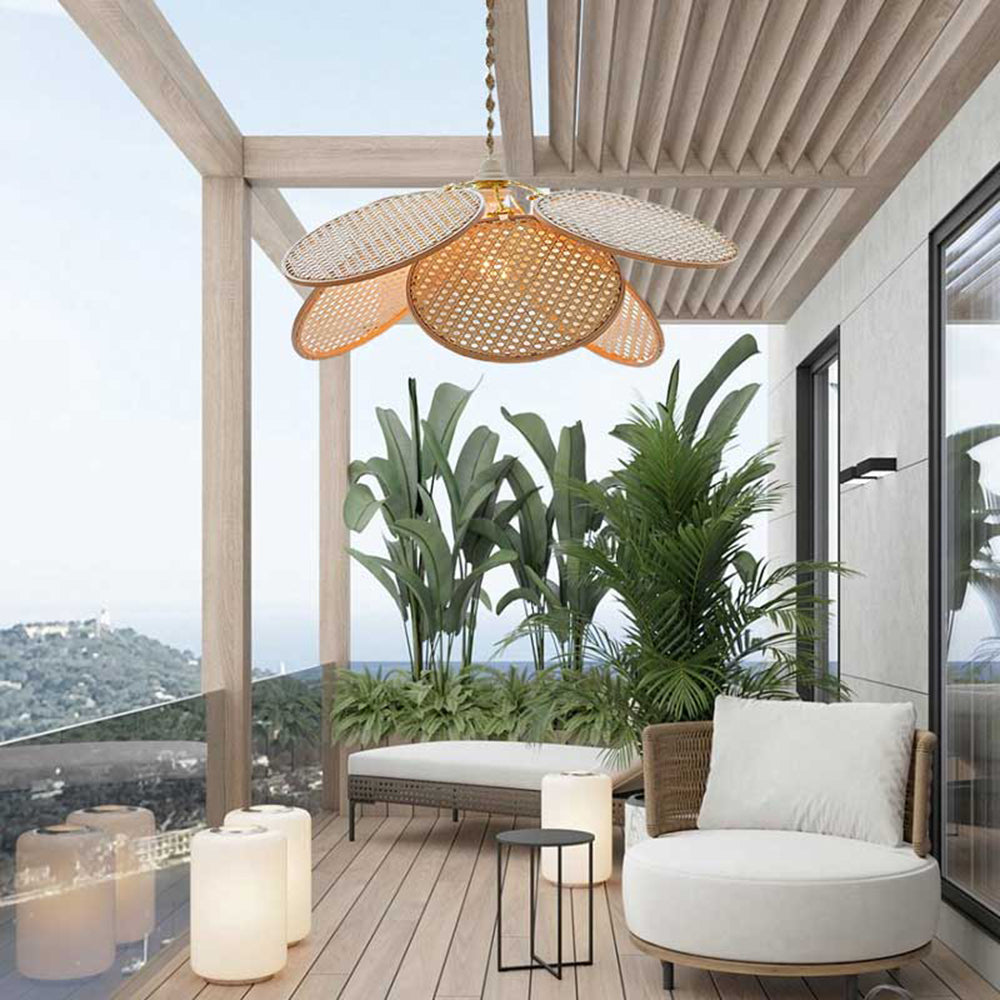 Ritta Decorativa Metal/Ratán Flor LED Lámpara Colgante Madera