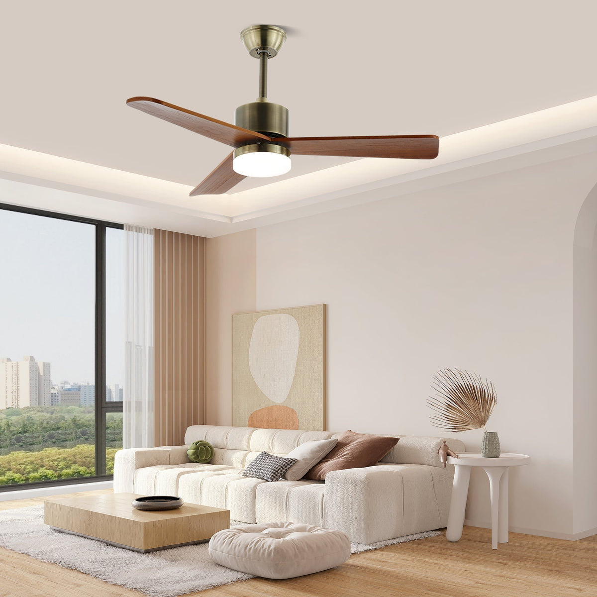 Ventilador Ventio con luz y mando a distancia para ajuste de 6 velocidades.