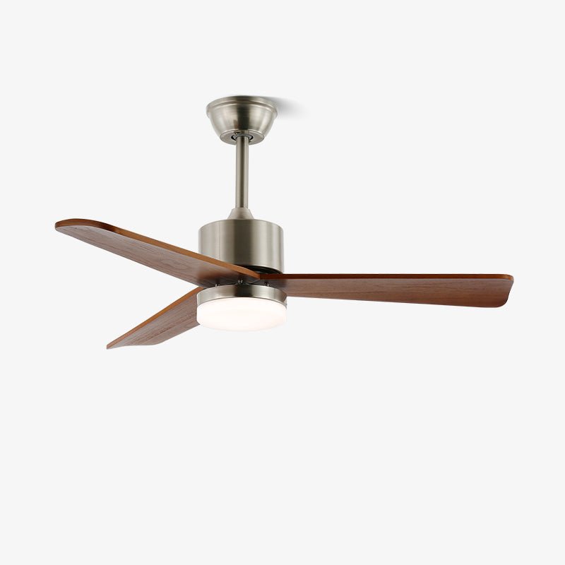 Ventilador de techo Ventio minimalista plateado y madera con luz, vista completa.