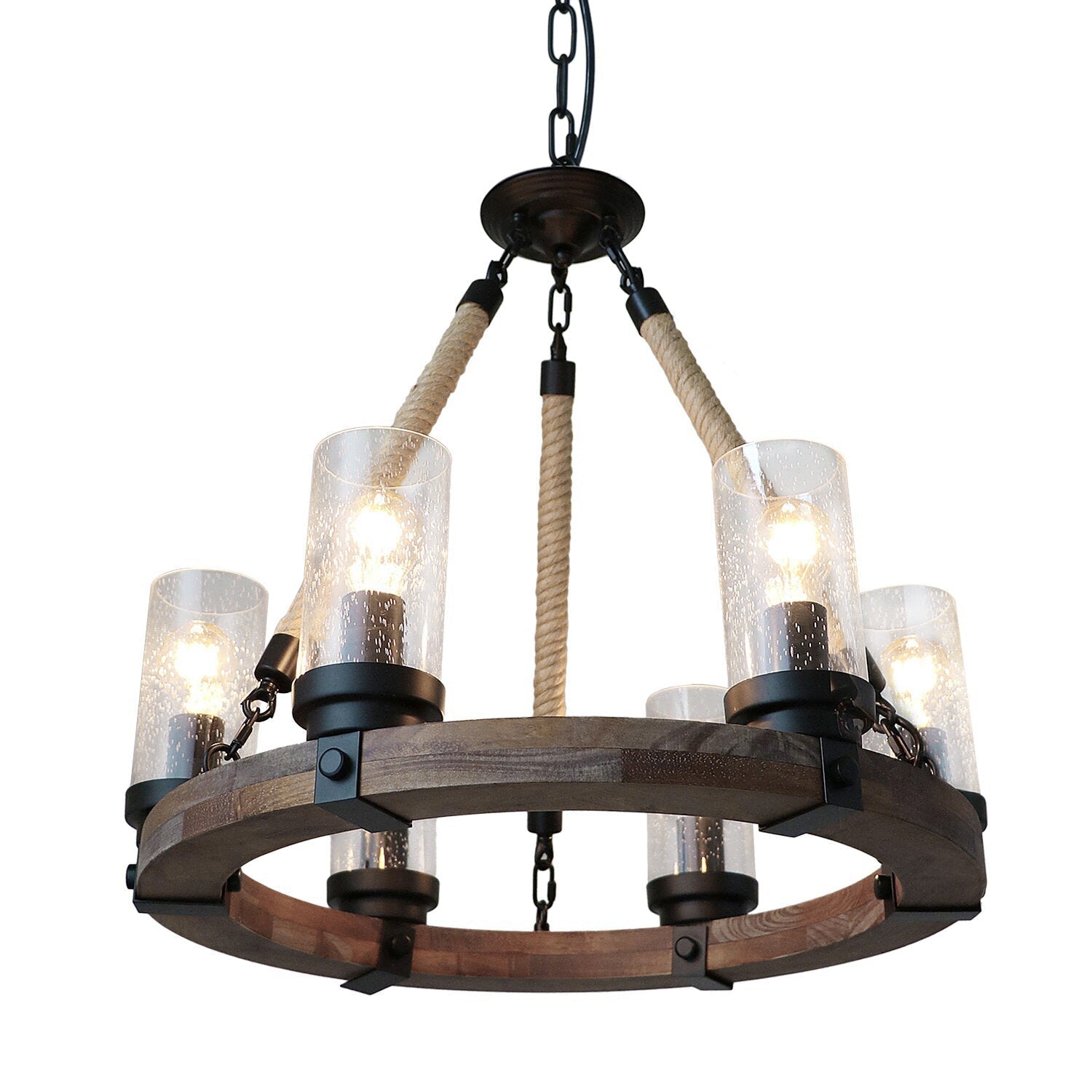 Zomiria Vintage Industrial Wagon Wheel Wooden Chandelier - Lamp Copper