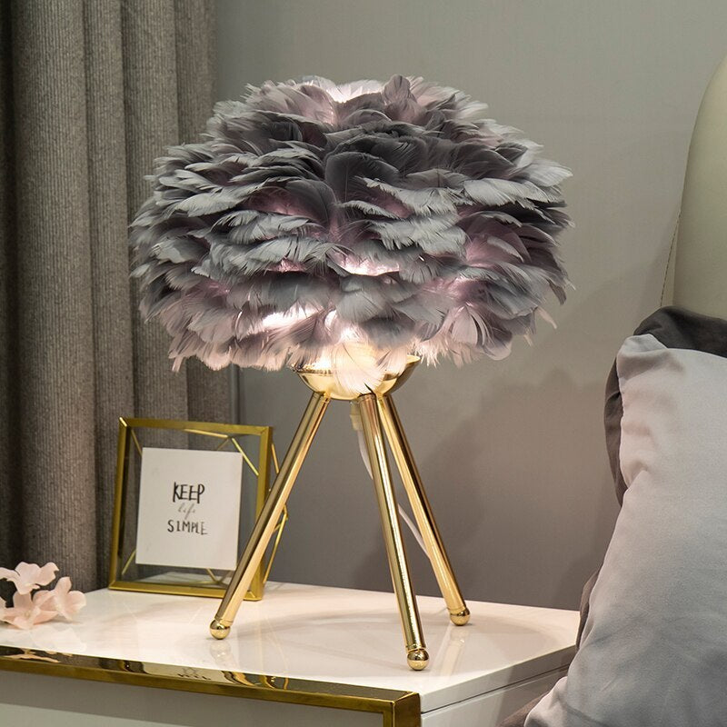 O'Moore Diseño Redonda Pluma Lámpara de Mesa Blanca/Rosa/Gris
